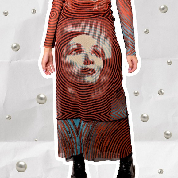 JEAN PAUL GAULTIER MARLENE DIETRICH SPIRAL TATTOO PRINT MESH MAXI SKIRT - Picture 3 of 5